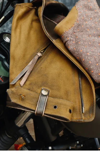 Tankcanvas Brand new Vintage Oil wax canvas splicing Motorcycle Jacket.Cool genuine leather coat.cowhide vest.quality-Tankcanvas