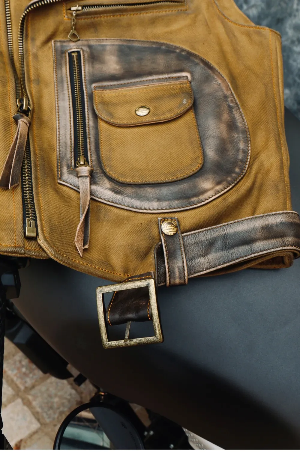 Tankcanvas Brand new Vintage Oil wax canvas splicing Motorcycle Jacket.Cool genuine leather coat.cowhide vest.quality-Tankcanvas