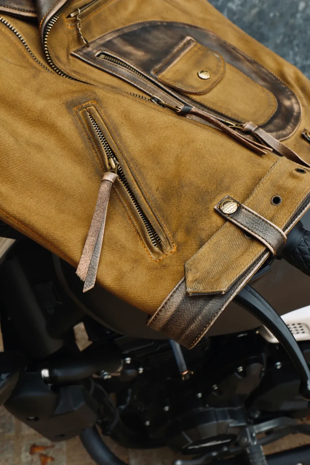 Tankcanvas Brand new Vintage Oil wax canvas splicing Motorcycle Jacket.Cool genuine leather coat.cowhide vest.quality-Tankcanvas