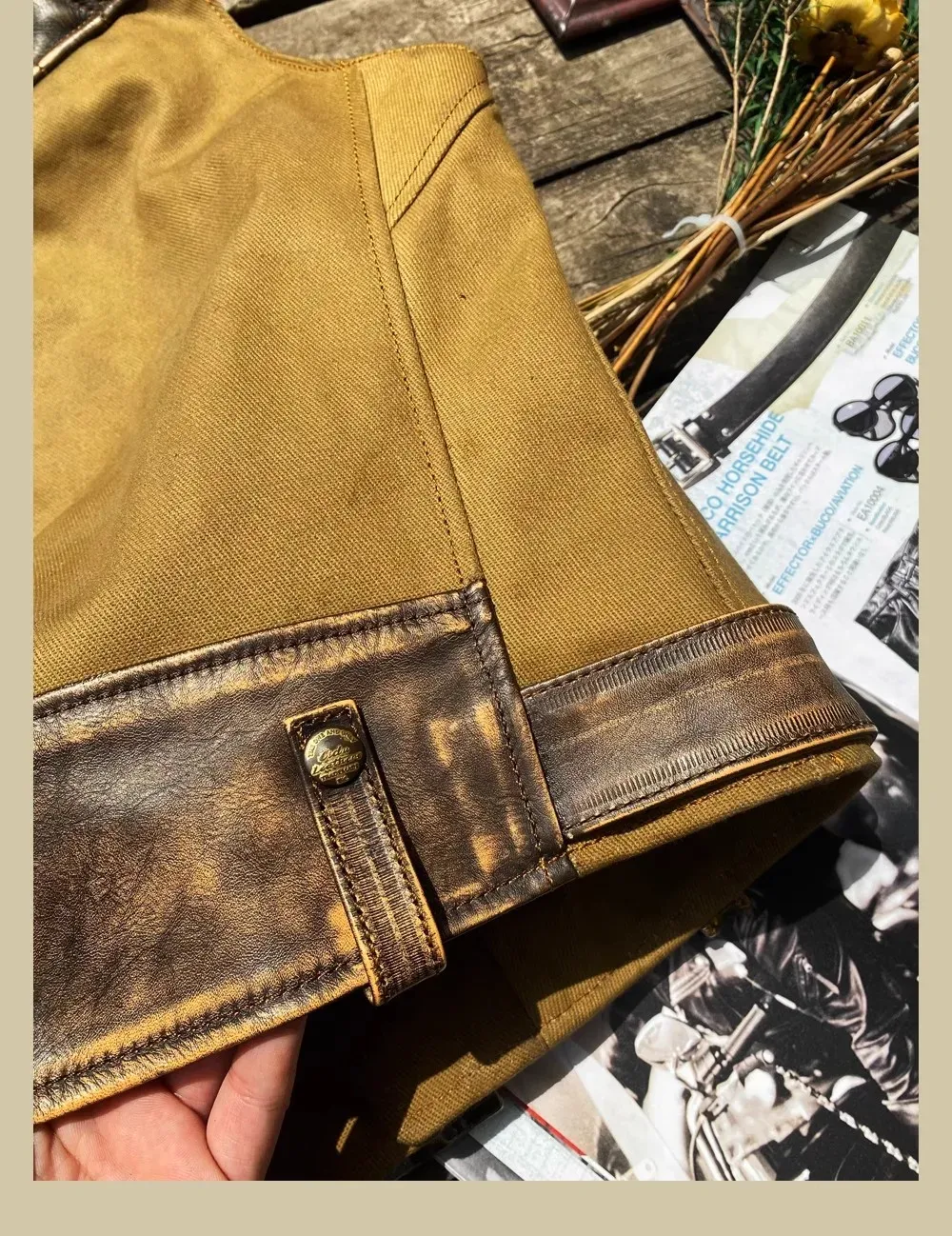 Tankcanvas Brand new Vintage Oil wax canvas splicing Motorcycle Jacket.Cool genuine leather coat.cowhide vest.quality-Tankcanvas
