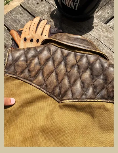 Tankcanvas Brand new Vintage Oil wax canvas splicing Motorcycle Jacket.Cool genuine leather coat.cowhide vest.quality-Tankcanvas