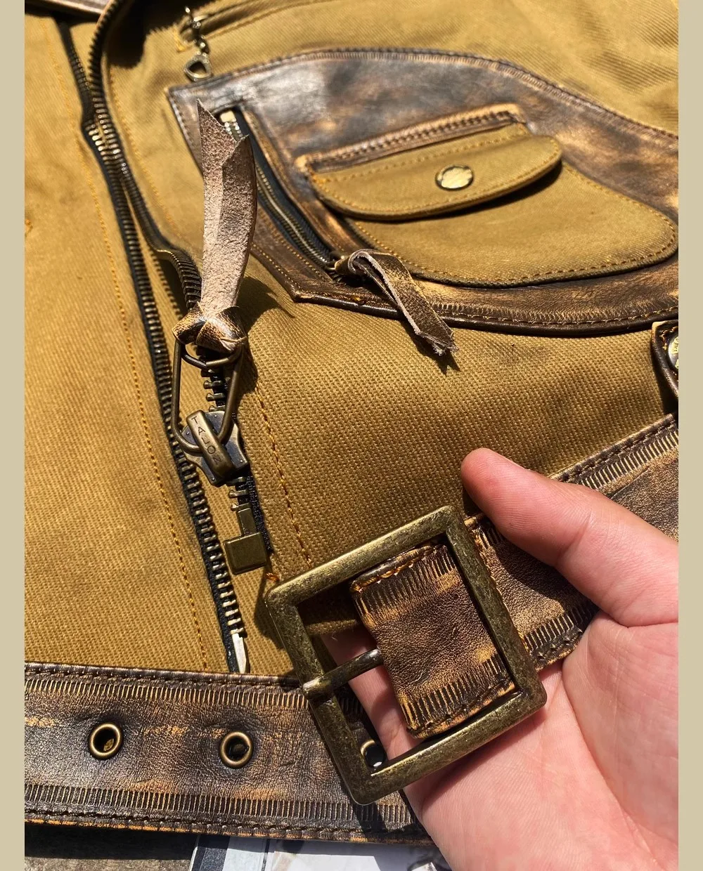 Tankcanvas Brand new Vintage Oil wax canvas splicing Motorcycle Jacket.Cool genuine leather coat.cowhide vest.quality-Tankcanvas