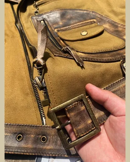 Tankcanvas Brand new Vintage Oil wax canvas splicing Motorcycle Jacket.Cool genuine leather coat.cowhide vest.quality-Tankcanvas