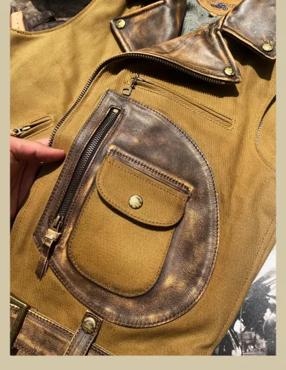 Tankcanvas Brand new Vintage Oil wax canvas splicing Motorcycle Jacket.Cool genuine leather coat.cowhide vest.quality-Tankcanvas