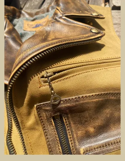Tankcanvas Brand new Vintage Oil wax canvas splicing Motorcycle Jacket.Cool genuine leather coat.cowhide vest.quality-Tankcanvas