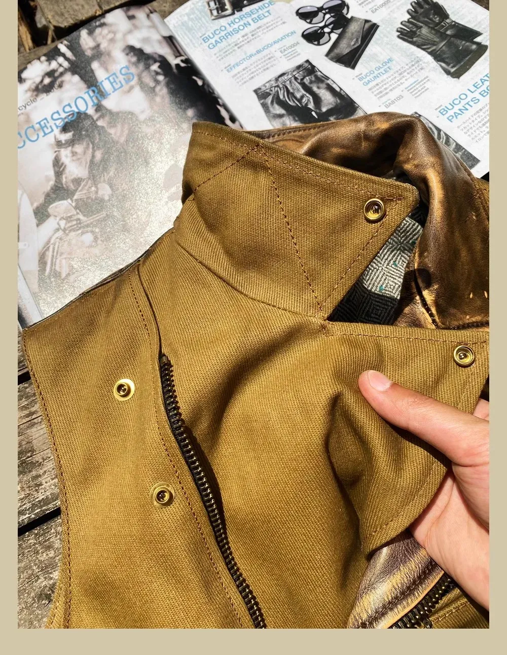 Tankcanvas Brand new Vintage Oil wax canvas splicing Motorcycle Jacket.Cool genuine leather coat.cowhide vest.quality-Tankcanvas