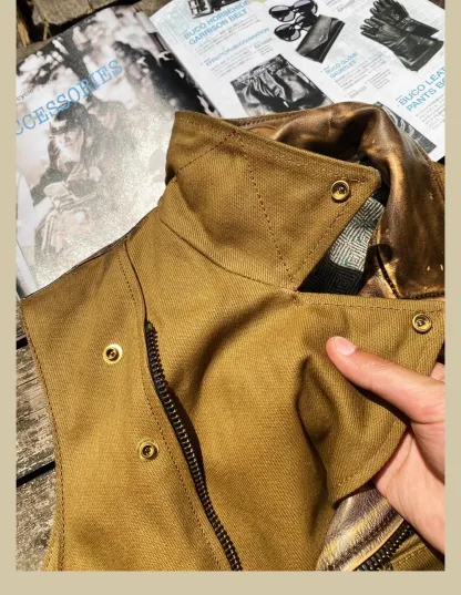 Tankcanvas Brand new Vintage Oil wax canvas splicing Motorcycle Jacket.Cool genuine leather coat.cowhide vest.quality-Tankcanvas