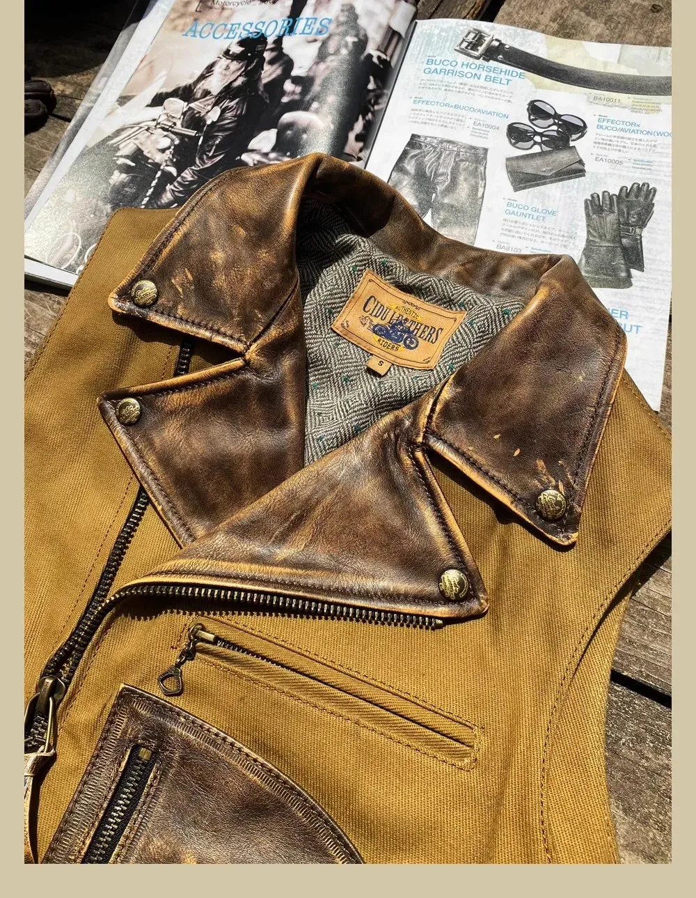 Tankcanvas Brand new Vintage Oil wax canvas splicing Motorcycle Jacket.Cool genuine leather coat.cowhide vest.quality-Tankcanvas