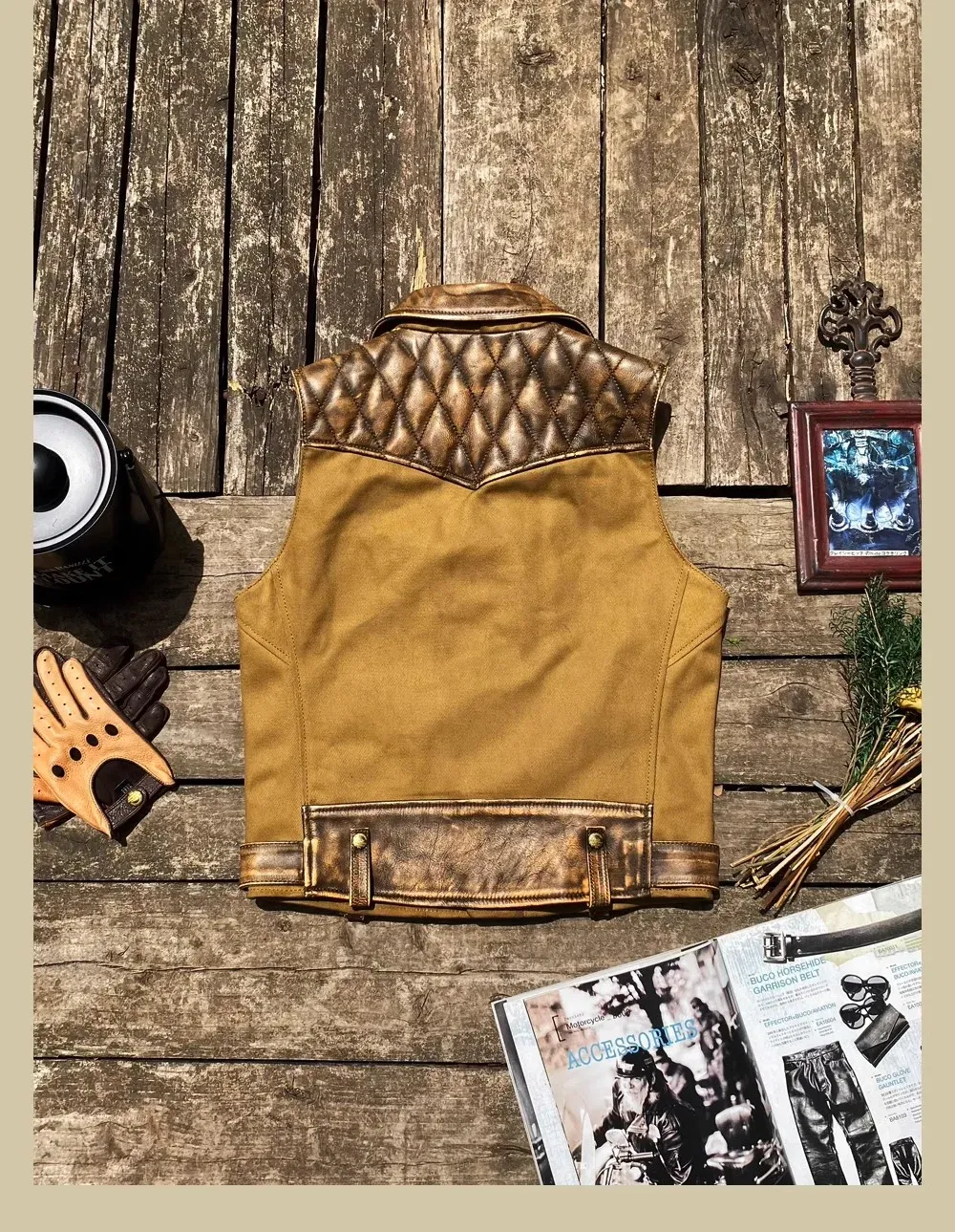 Tankcanvas Brand new Vintage Oil wax canvas splicing Motorcycle Jacket.Cool genuine leather coat.cowhide vest.quality-Tankcanvas