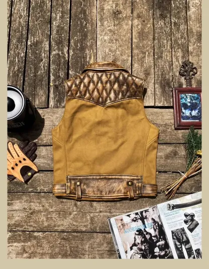 Tankcanvas Brand new Vintage Oil wax canvas splicing Motorcycle Jacket.Cool genuine leather coat.cowhide vest.quality-Tankcanvas
