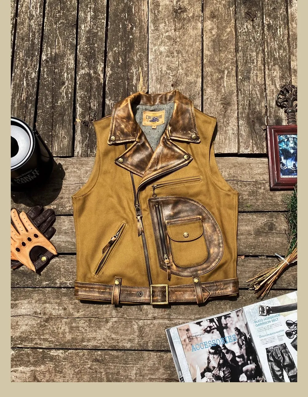 Tankcanvas Brand new Vintage Oil wax canvas splicing Motorcycle Jacket.Cool genuine leather coat.cowhide vest.quality-Tankcanvas