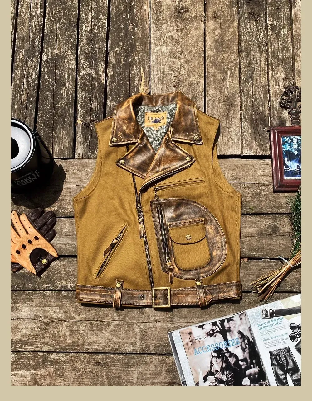 Tankcanvas Brand new Vintage Oil wax canvas splicing Motorcycle Jacket.Cool genuine leather coat.cowhide vest.quality-Tankcanvas