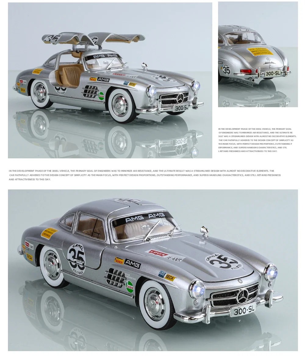 TANKCANVAS-1:24 For Mercedes Benz 300SL Refit Alloy Vintage Classic Cars Diecast Metal Scale Car Model Sound＆Light-Tankcanvas