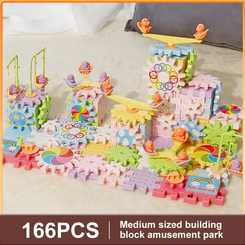Electric Track Gears Building Blocks Puzzle Toy Model Kid House Educational Construction Toys for Children Birthday Gift