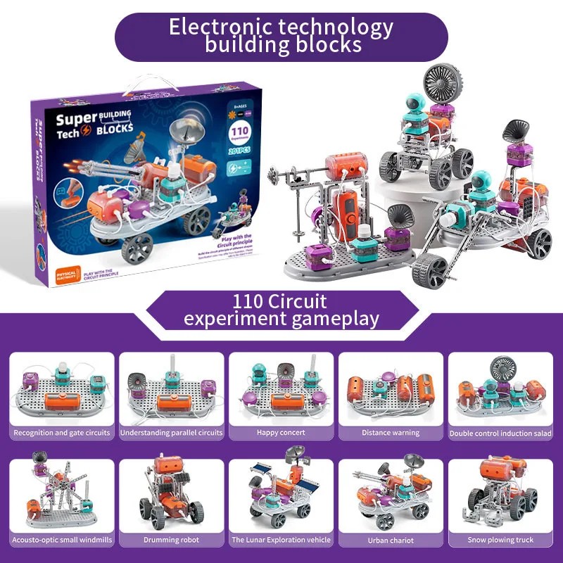 STEM Circuit Building Blocks Kit for Kids 8-14, 201PCS DIY Electric Science Experiment Toy, 110 Projects Educational Gift Set