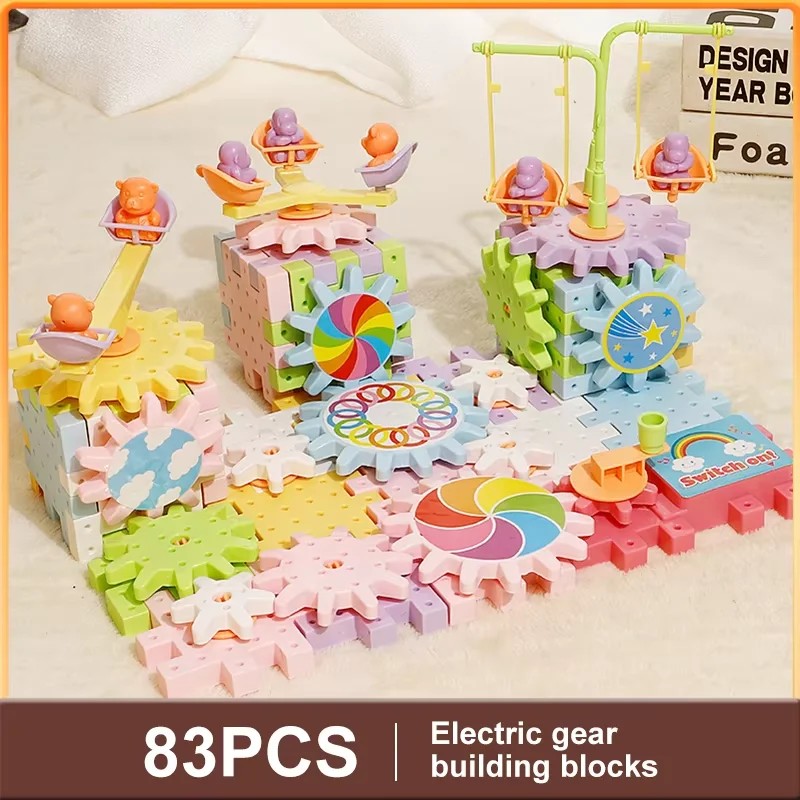 Electric Track Gears Building Blocks Puzzle Toy Model Kid House Educational Construction Toys for Children Birthday Gift
