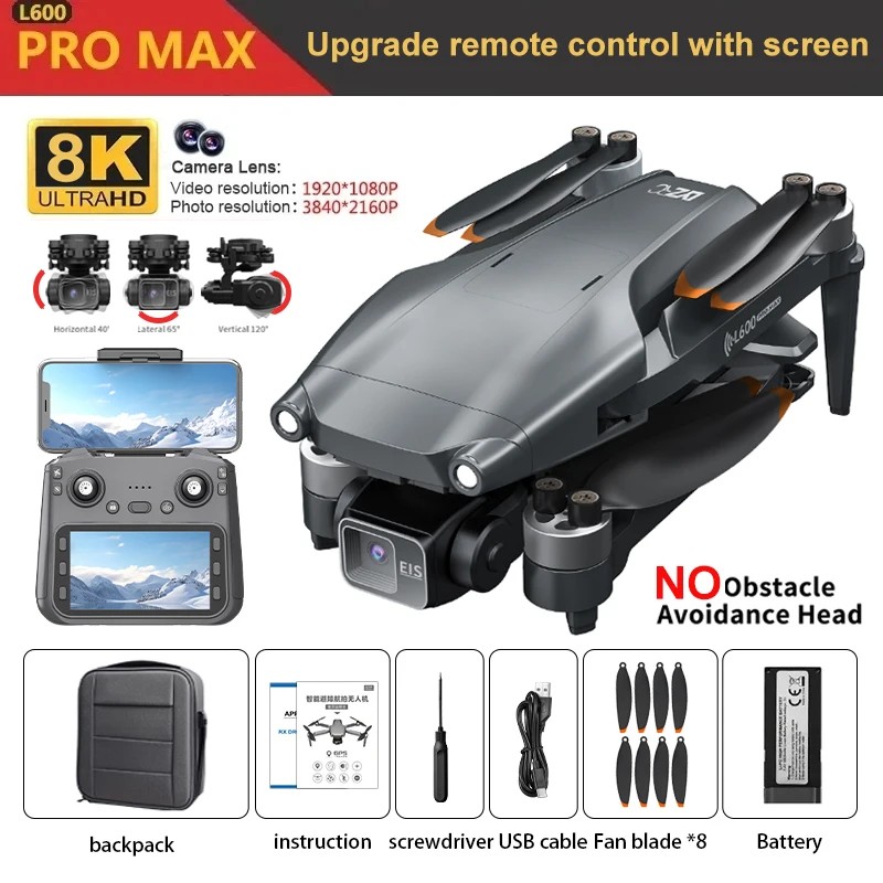 L600 PRO MAX Drone with Large Screen 3-Axis Gimbal 5G GPS 8K HD EIS Camera Obstacle Avoidance Brushless FPV RC Quadcopter