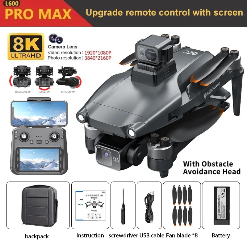 L600 PRO MAX Drone with Large Screen 3-Axis Gimbal 5G GPS 8K HD EIS Camera Obstacle Avoidance Brushless FPV RC Quadcopter