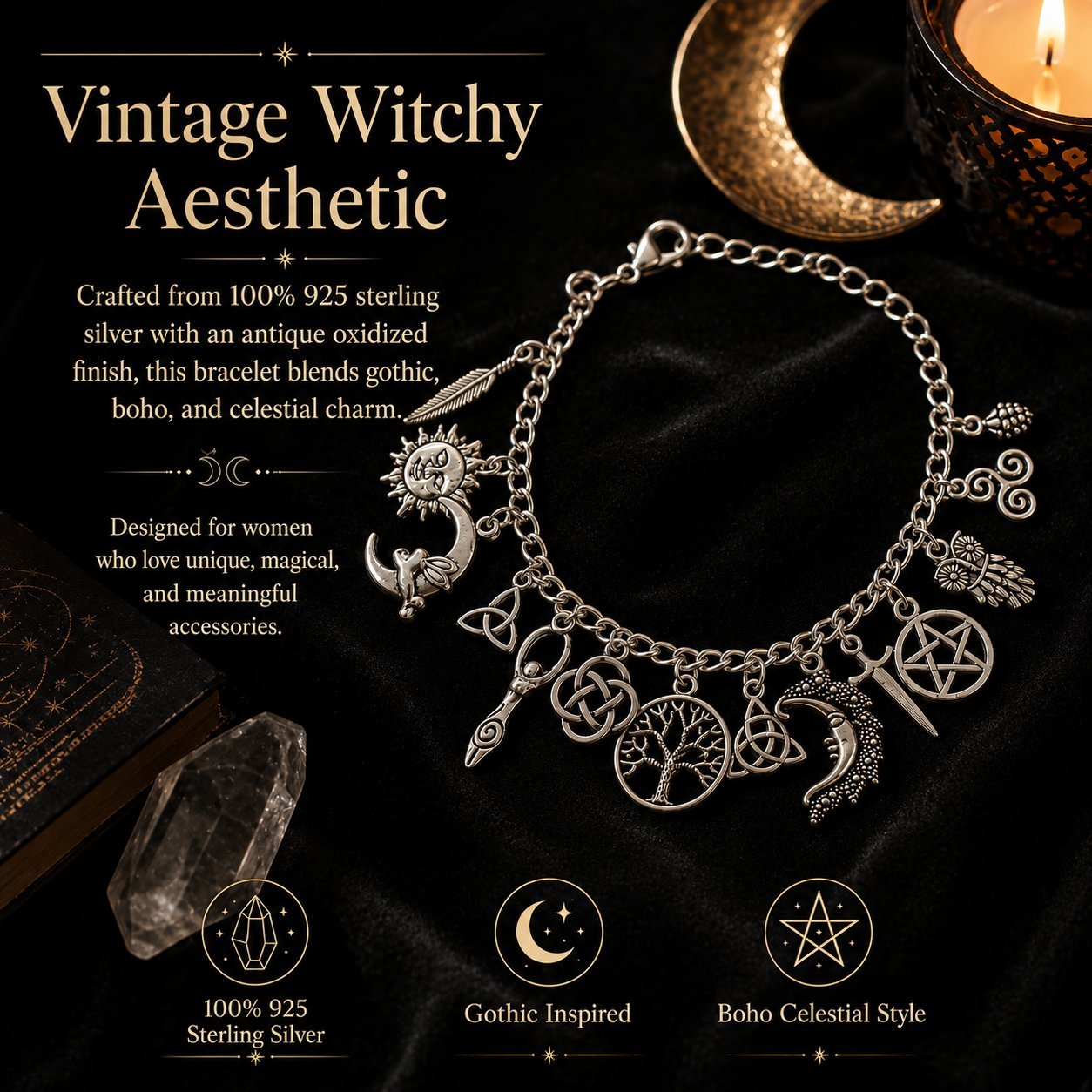 🔥Last Day 49% OFF - 🧙🖤Vintage Witchy Charm Bracelet - 100% 925 Sliver