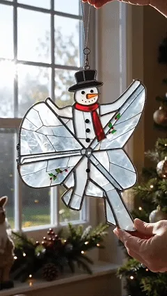 Animated view of the completed iridescent ornaments hanging on display