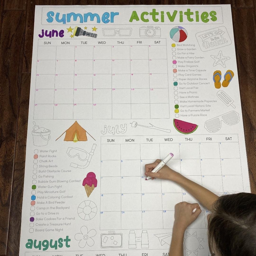 ☀️ Giant Summer Activity Calendar Coloring Poster | 30×50 Inch Family Summer Planner