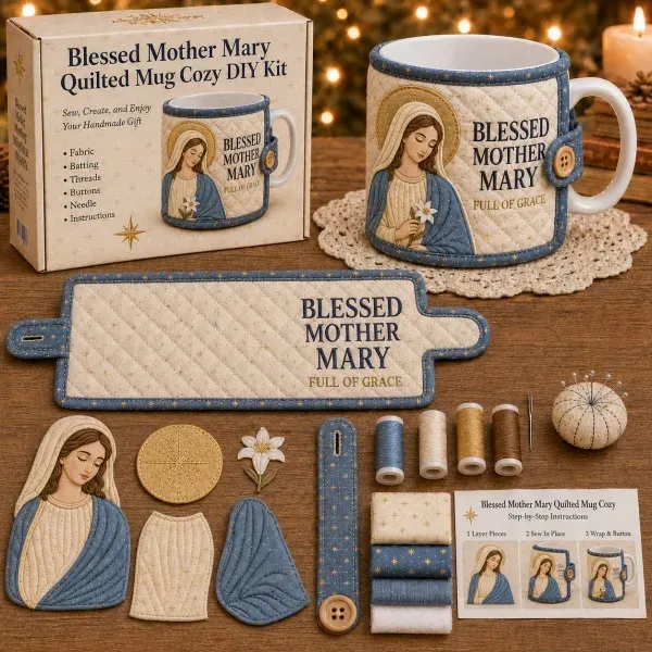 🔥Last Day BUY 3 GET 1 FREE✝️ Beginner-Friendly Christmas Faith Mug Cozy Sewing Kit | 6 Christian-Inspired Designs with Fabric Pieces, Batting, Appliqué, Thread, Buttons, Needle & Step-by-Step Guide Included 💕