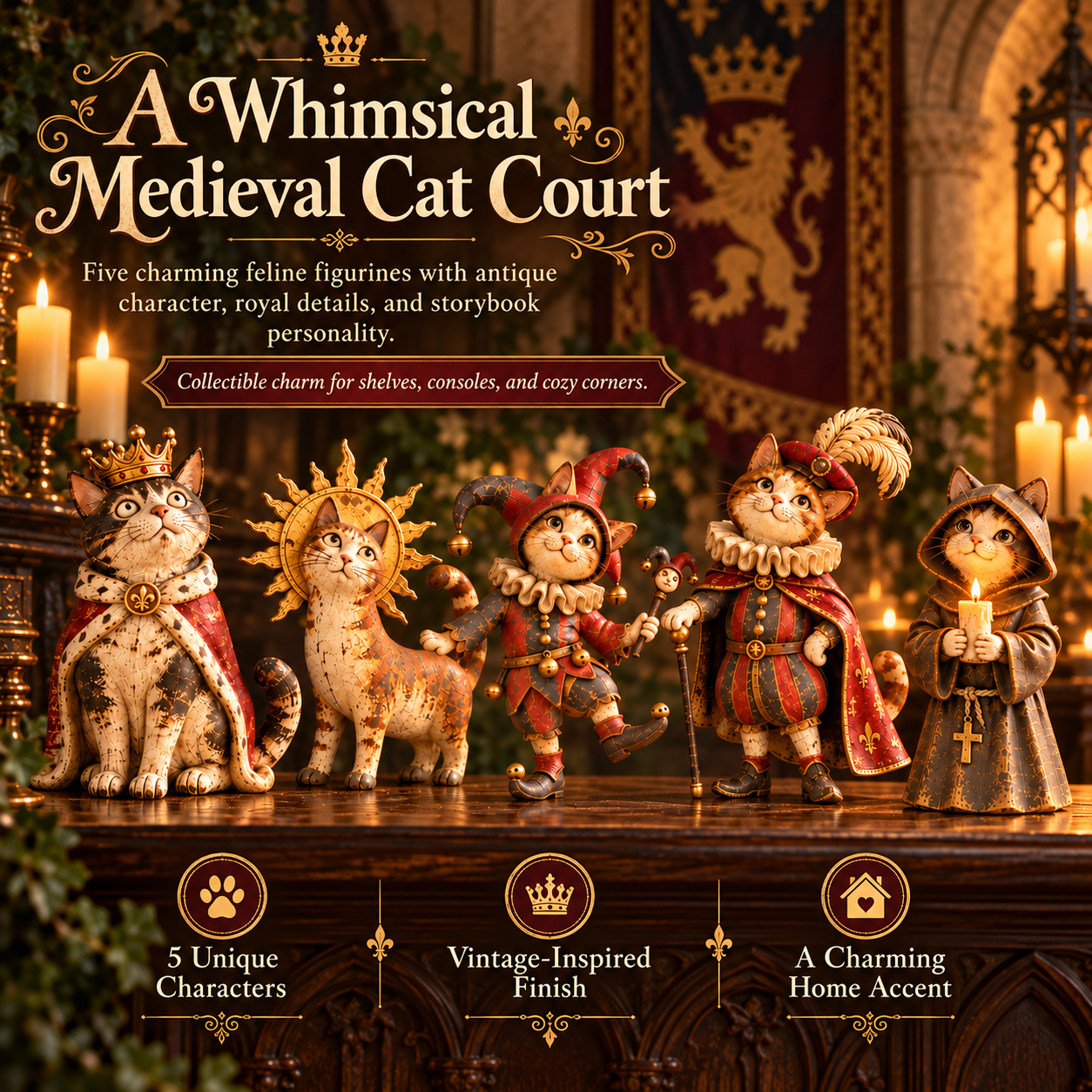 Five medieval cat figurines