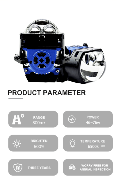BI-LED PROJECTOR HEADLIGHT WITH 3 DIRECT LASER HIGH BEAM LENSES