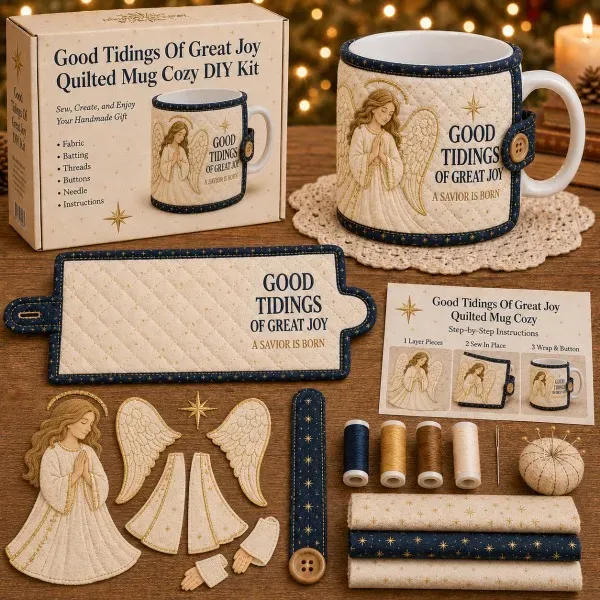 🔥Last Day BUY 3 GET 1 FREE✝️ Beginner-Friendly Christmas Faith Mug Cozy Sewing Kit | 6 Christian-Inspired Designs with Fabric Pieces, Batting, Appliqué, Thread, Buttons, Needle & Step-by-Step Guide Included 💕