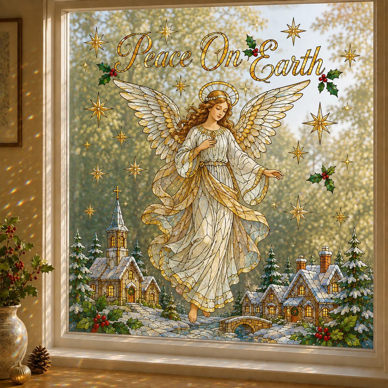 🔥Last Day BUY 3 GET 1 FREE🎄Large Christmas Window Sticker | 28×28in Festive Window Art With Snowman, Angel & Holiday Scenes For Home Decor, Christmas Parties & Seasonal Displays ✨
