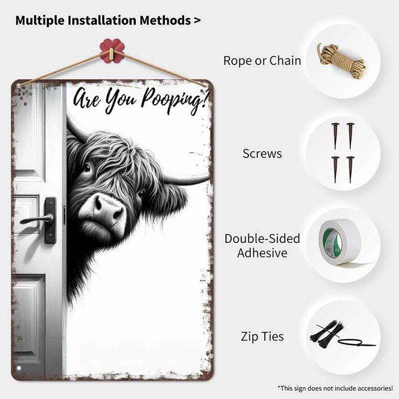 Vintage Highland Cow Sign – Funny"Are You Pooping?" Wall Decor😂