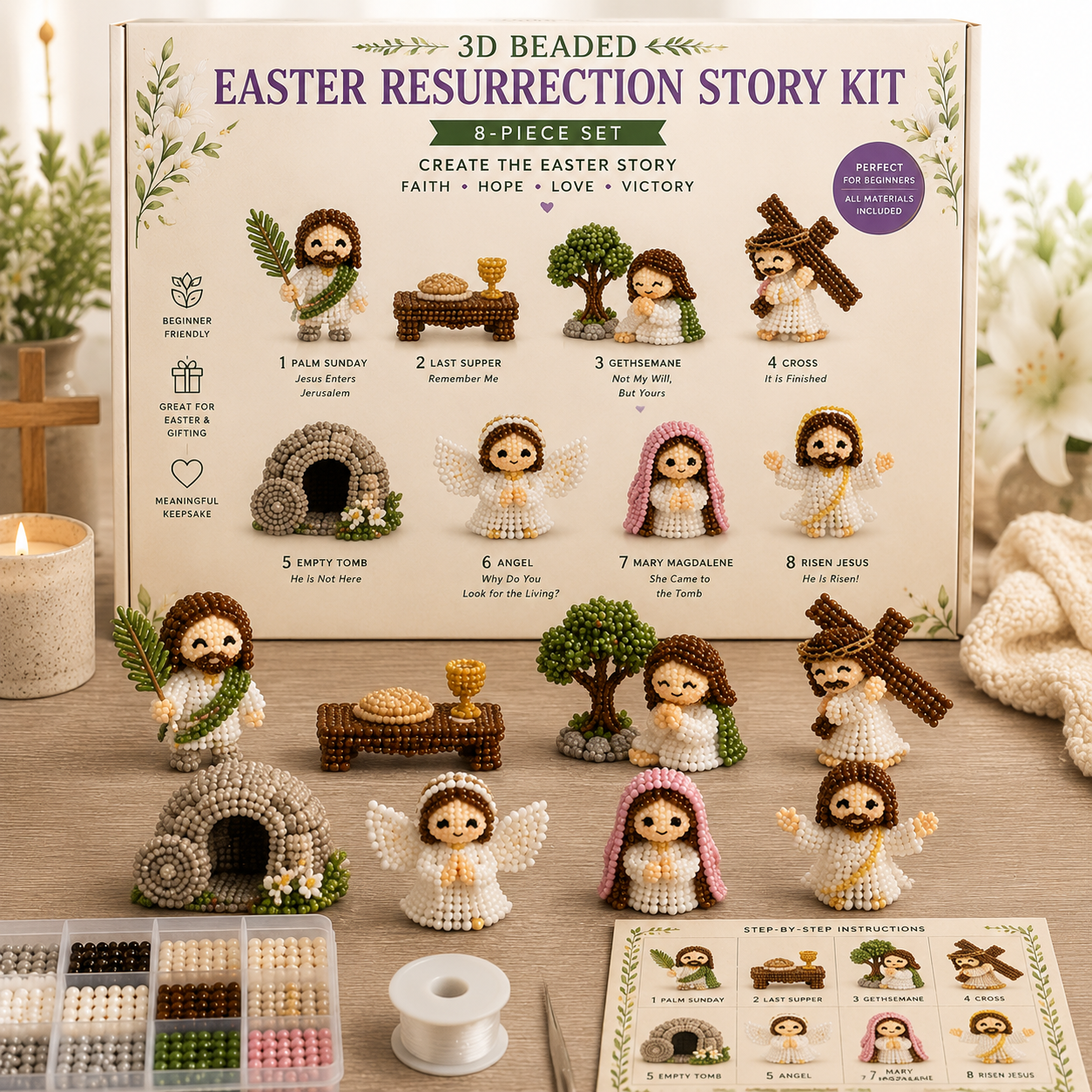 3D Beaded Nativity Collection DIY Kit – Handmade Christmas Faith Craft Set (8-Piece Set)