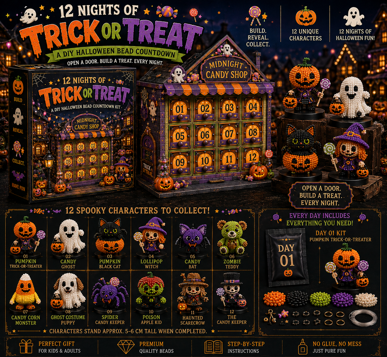 12 Nights of Halloween DIY Bead Countdown Kit – 12 Spooky Characters to Build & Collect