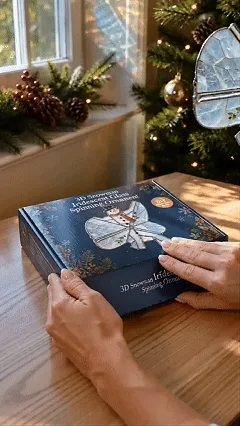 Animated view of opening and assembling the snowman ornament kit