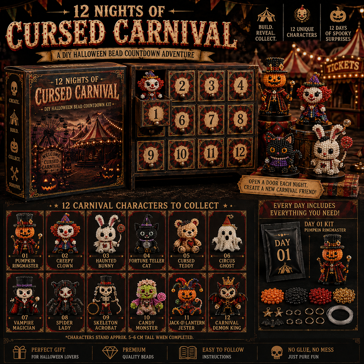 12 Nights of Halloween DIY Bead Countdown Kit – 12 Spooky Characters to Build & Collect