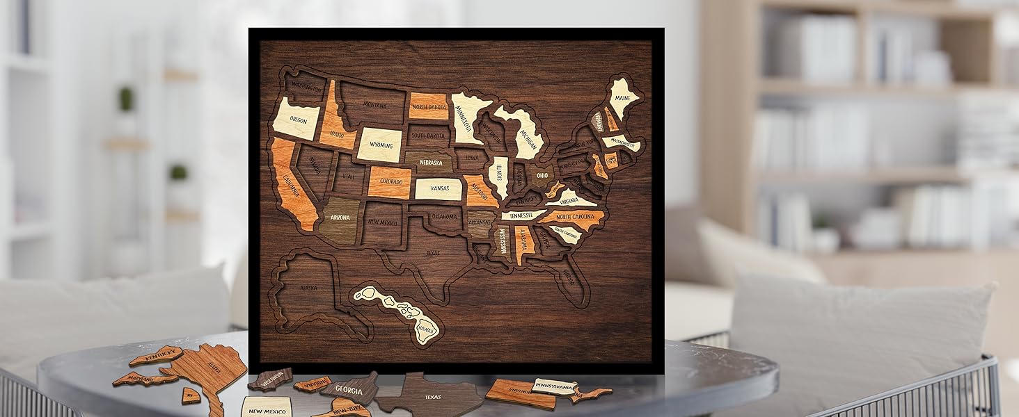【Camdoor】Map Puzzle,  Wooden USA Travel Map Puzzle, Anniversary Gift,Geography puzzle for kids, or Couples and FamiliPerfect Fes Gift, Record Your Journeys, Memory Maker, Home Decor, Travel tracker wall art, Analogue Bag, Unique gifts for travelers