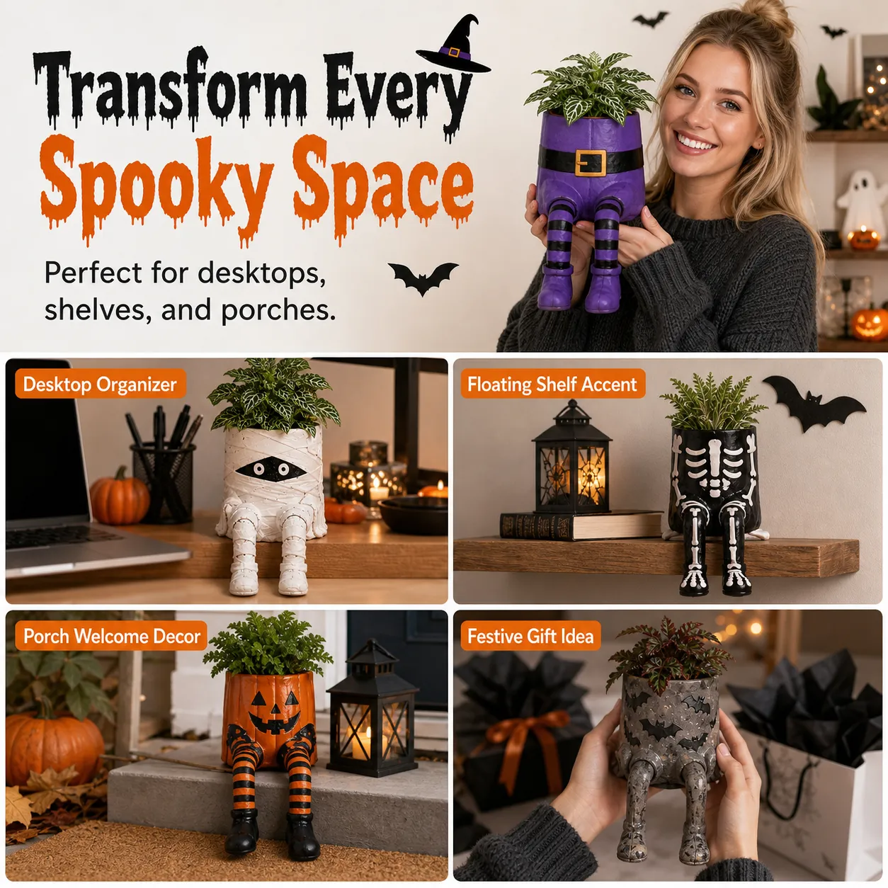 💀🎃Halloween Whimsical Hanging Leg Planter Hand-Painted Resin Succulent Pot💐(BUY 2 FreeShipping）