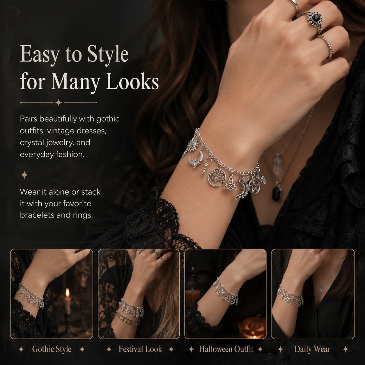 🔥Last Day 49% OFF - 🧙🖤Vintage Witchy Charm Bracelet - 100% 925 Sliver