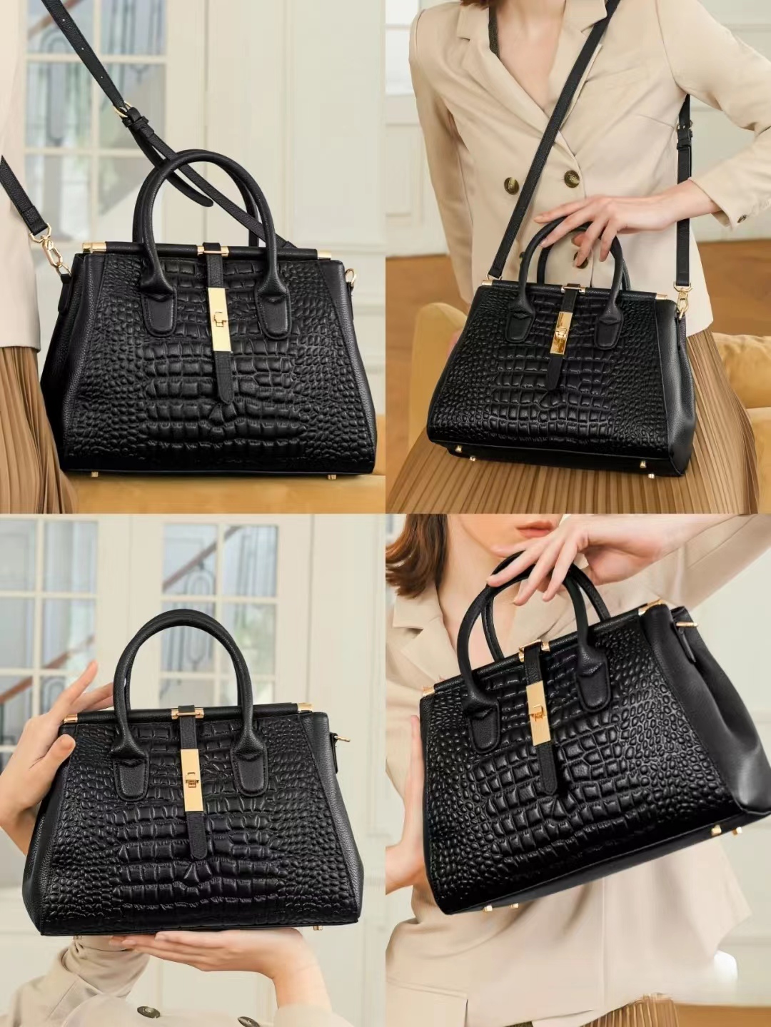🎁 ¡Descuento del 48% en todos los productos! Bolso Elegante de Piel de Caimán Negro con Detalles en Oro Brillante 💎