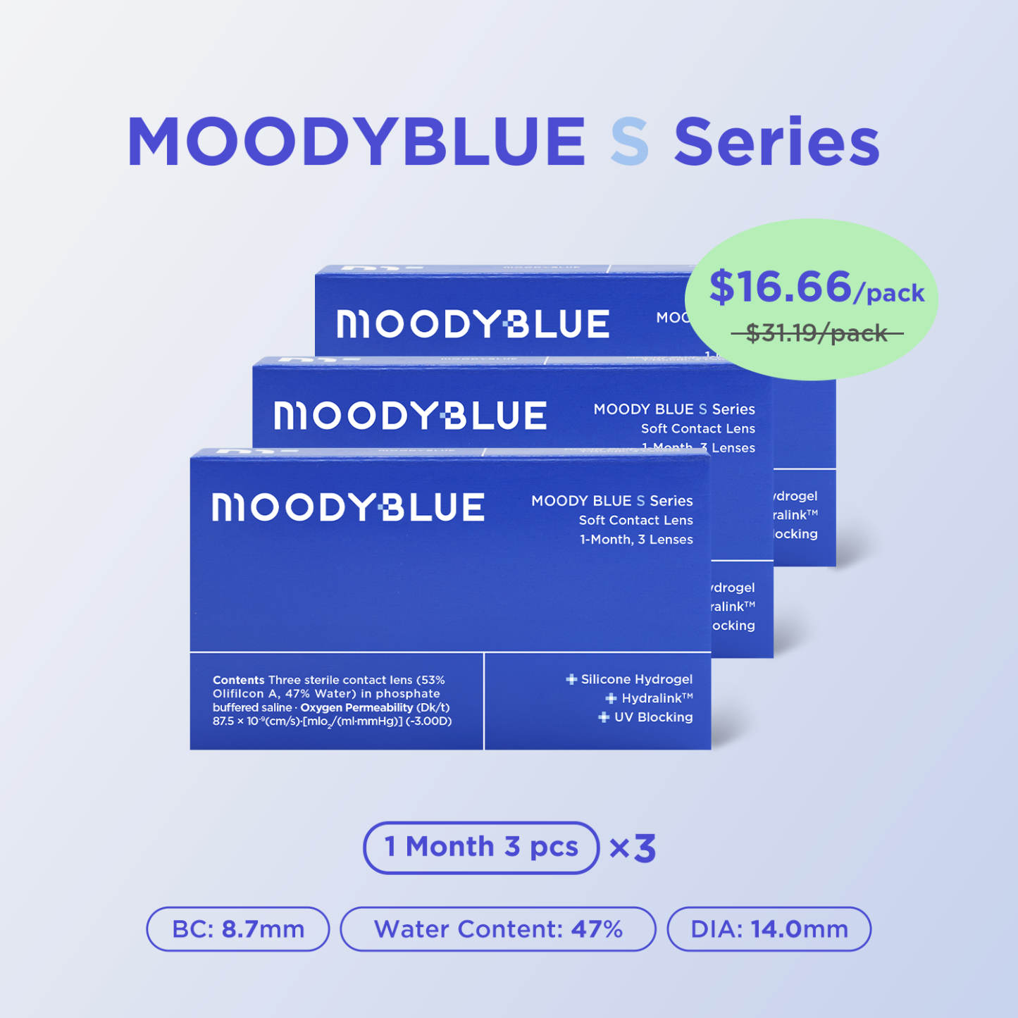 moody BLUE(Silicone Hydrogel)|1 Month,3 pcs,3 packs