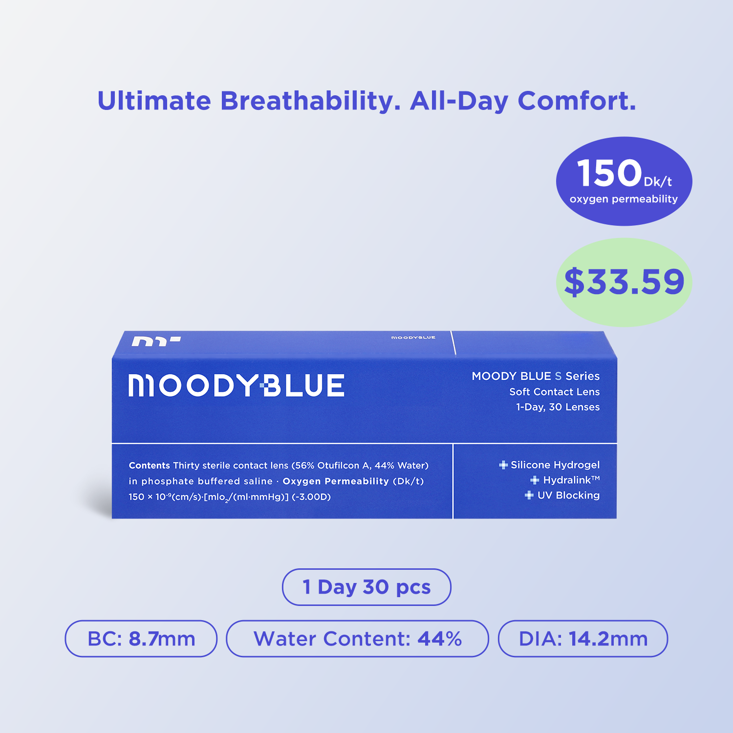 moodyBLUE(Silicone Hydrogel) | 1 Day, 30 pcs, 2 packs