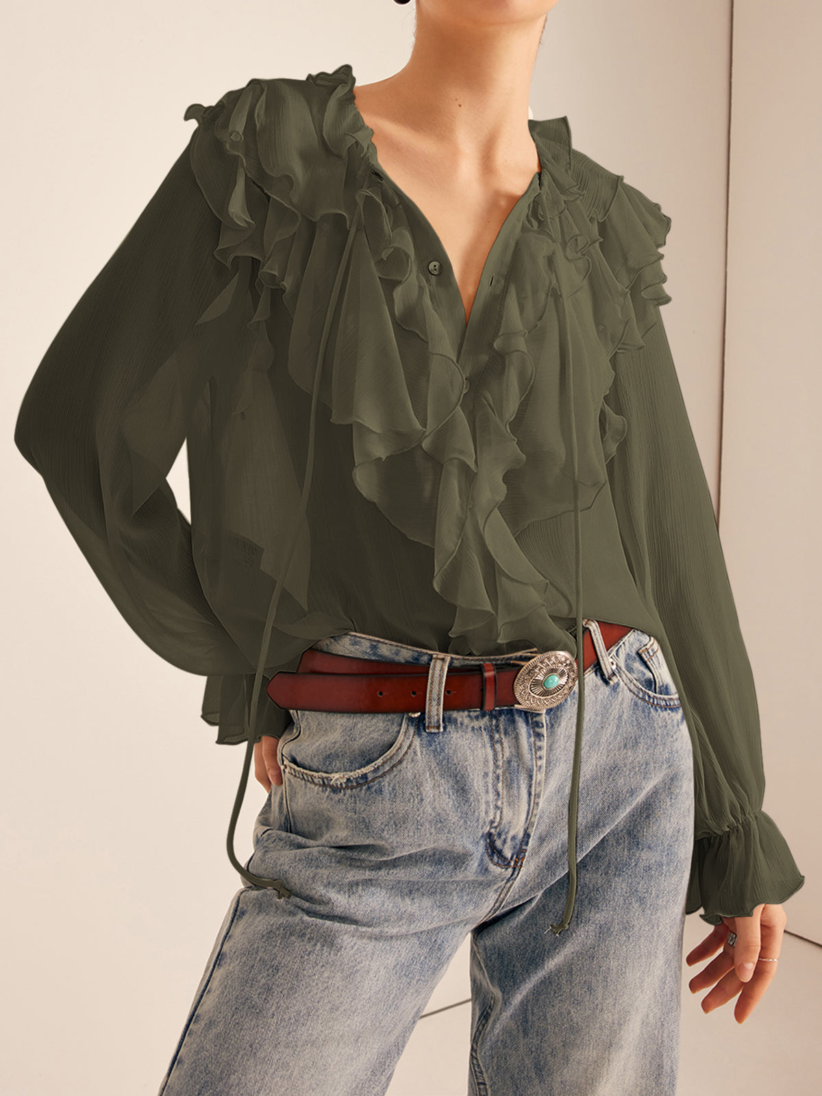 Semi-Sheer Ruffle Chiffon Breasted Blouse