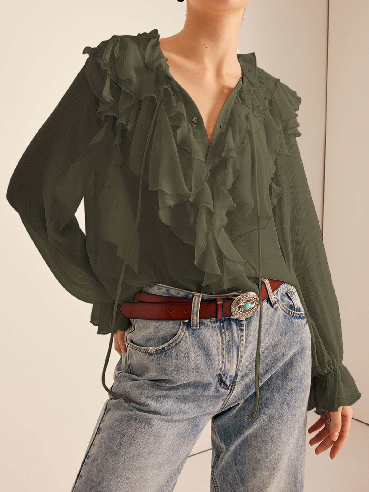 Semi-Sheer Ruffle Chiffon Breasted Blouse