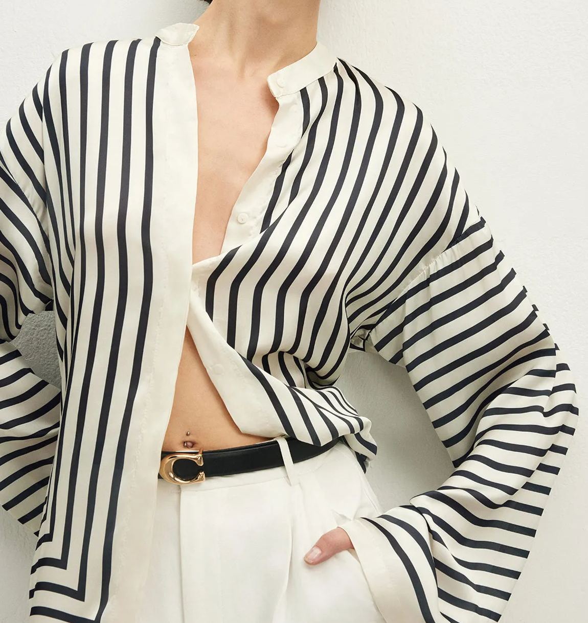 Satin Striped Button Cozy Blouse