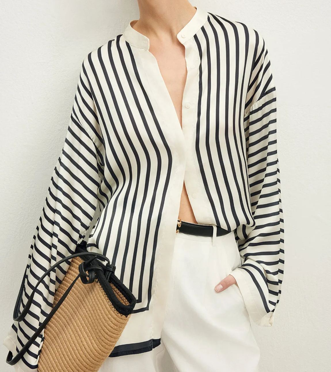 Satin Striped Button Cozy Blouse