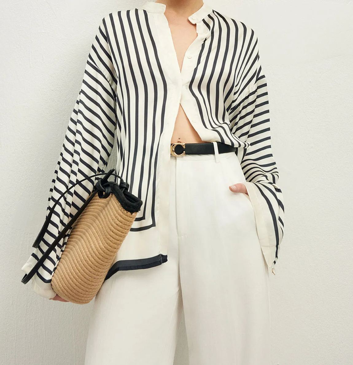 Satin Striped Button Cozy Blouse