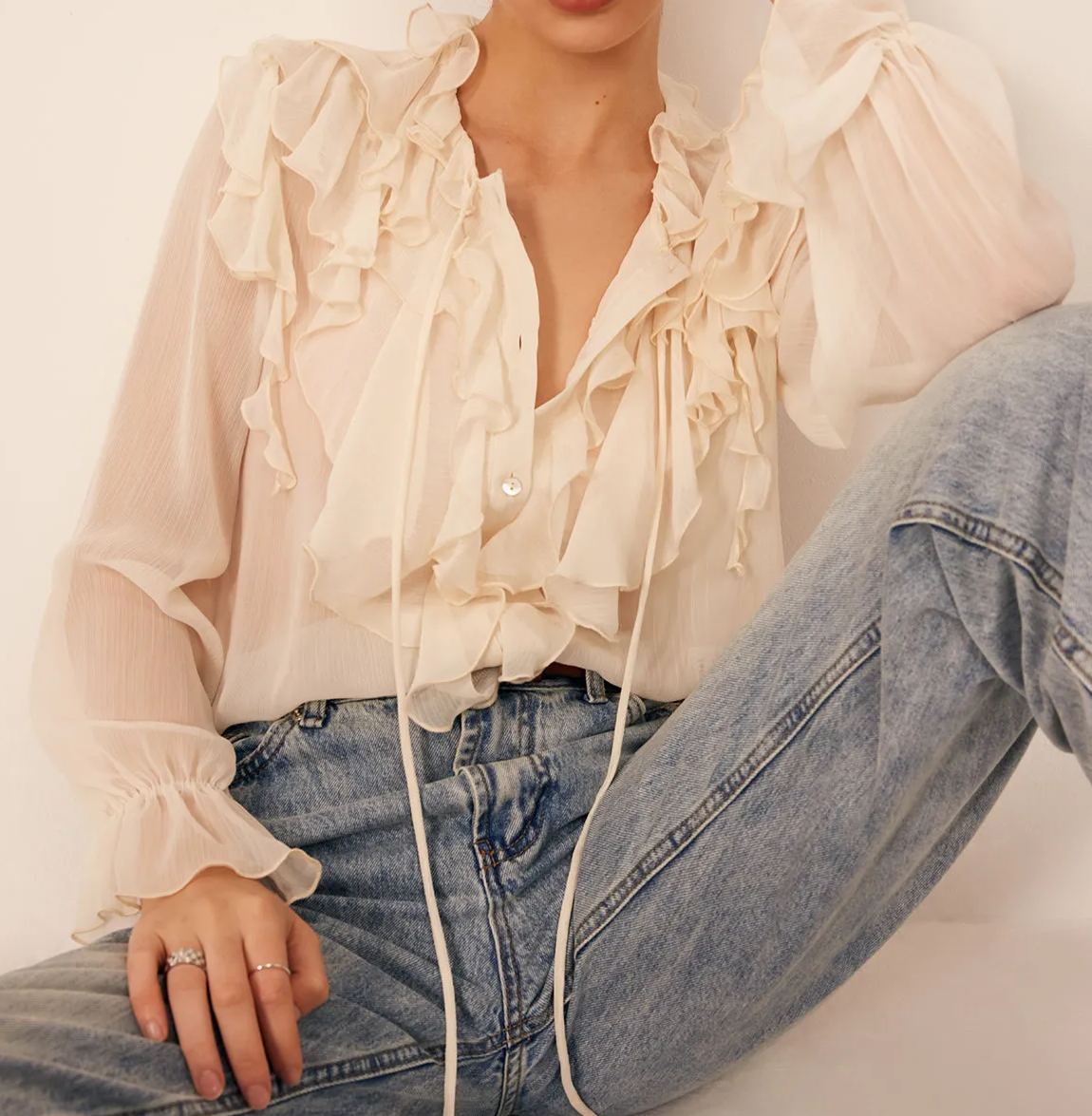Semi-Sheer Ruffle Chiffon Breasted Blouse