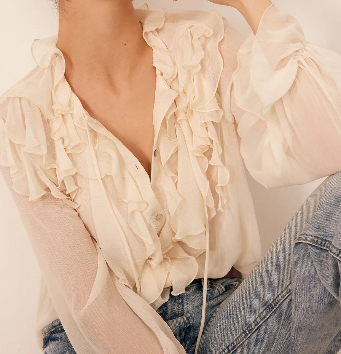 Semi-Sheer Ruffle Chiffon Breasted Blouse