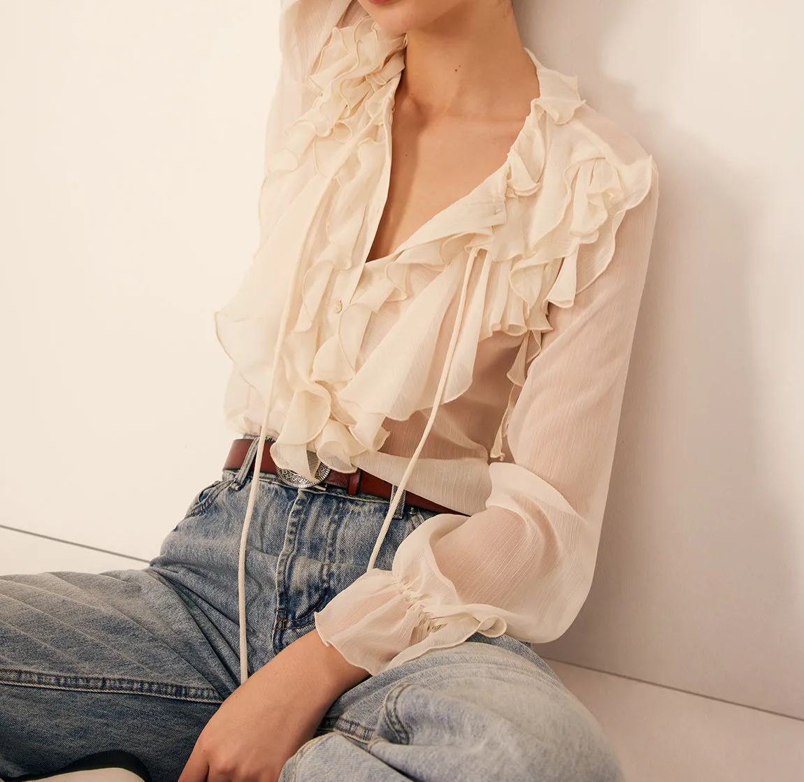 Semi-Sheer Ruffle Chiffon Breasted Blouse