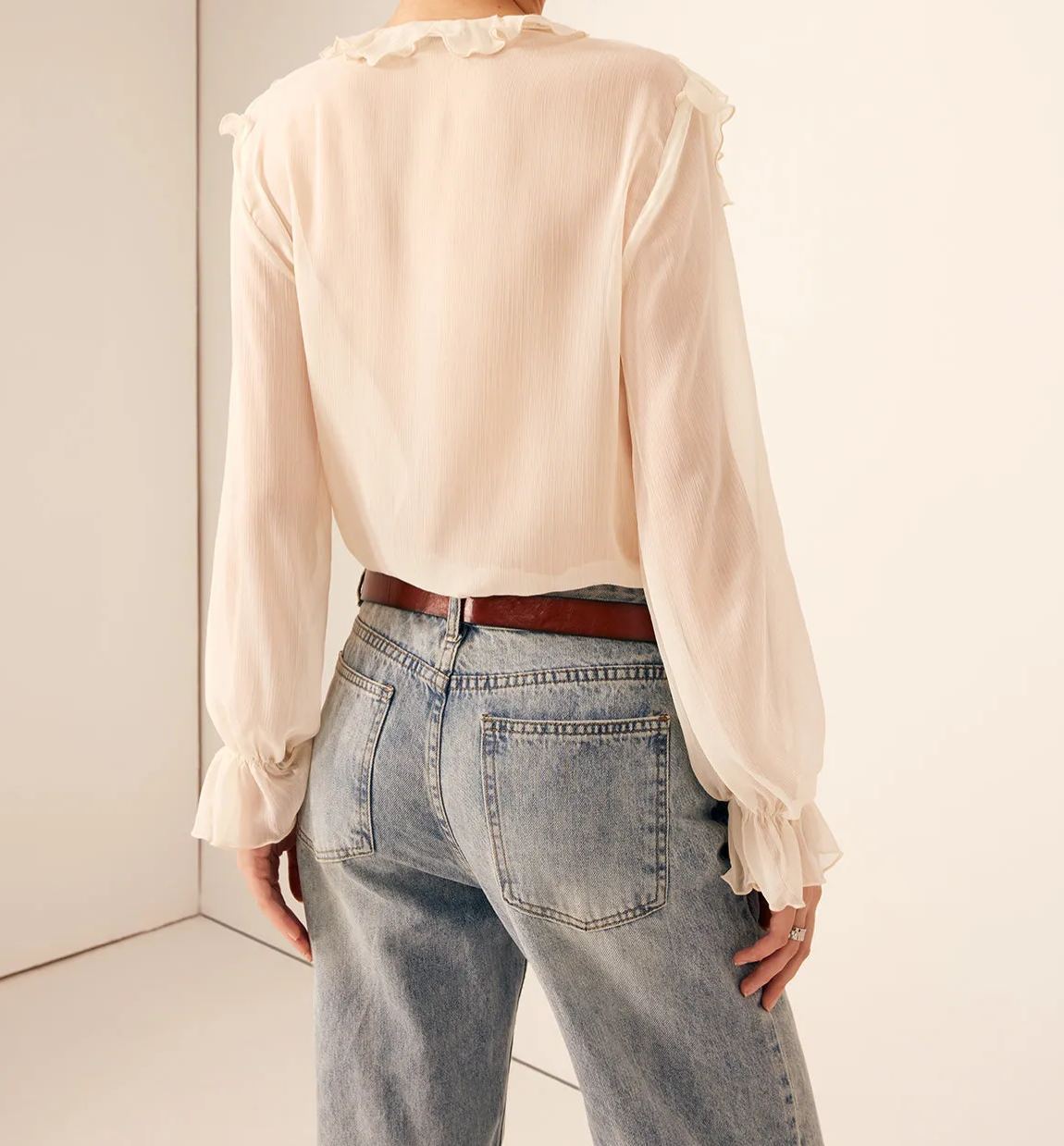 Semi-Sheer Ruffle Chiffon Breasted Blouse